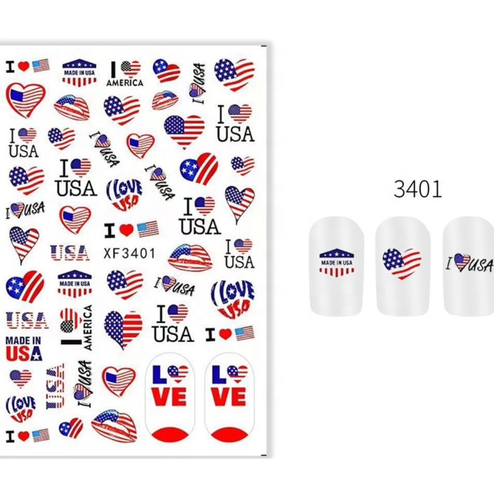 American Flag Star Heart LOVE USA 4th of July Butterfly Number 3D Nail Sticker